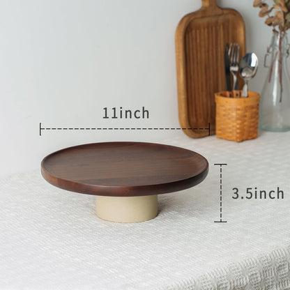 CEEFU 11 inch Rustic Acacia Wood Cake Stand - Natural Wooden Clay Wedding Cake Pedestal Serving Stand for Cupcake Dessert Bites Display in Party, Birthday, Beautiful Farmhouse Kitchen Decor