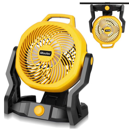 Moutec Battery Powered Fan, Cordless Jobsite Fan Compatible with DeWalt 20V & AC (adapter included). 650 CFM variable speed — for workshop, outdoor, camping. (Battery Not Included)