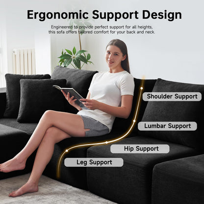 CUGOAO 152'' Oversized 2-in-1 Modular Sectional Sofa Bed, Modern Boneless Couch, Extra Deep Seat Upholstery Cloud Couch, Boneless Couches for Living Room, No Assembly Required, Corduroy Black