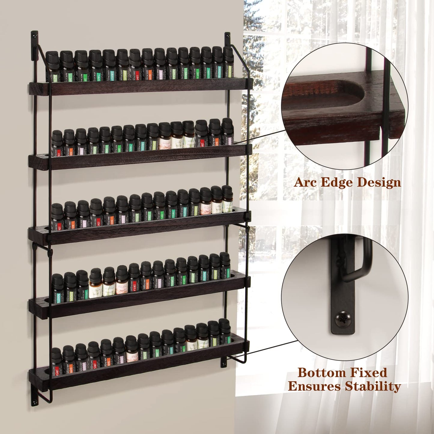 THYGIFTREE Essential Oil Storage Shelf Wall Mounted 16.9" Wooden Essential Oil Collection Display Rack Organizer 5 Tiers Holds 75 Bottles, Nail Polish Holder Paint Organizer