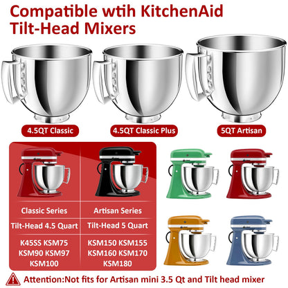 5QT Stainless Steel Mixer Bowl Compatible with KitchenAid Bowls for Mixer, Artisan&Classic Series 4.5-5QT Tilt-Head Mixers, Kitchen Gadgets Mixer Bowl with Handle,Metal Bowl for Kitchen Mixing Bowl
