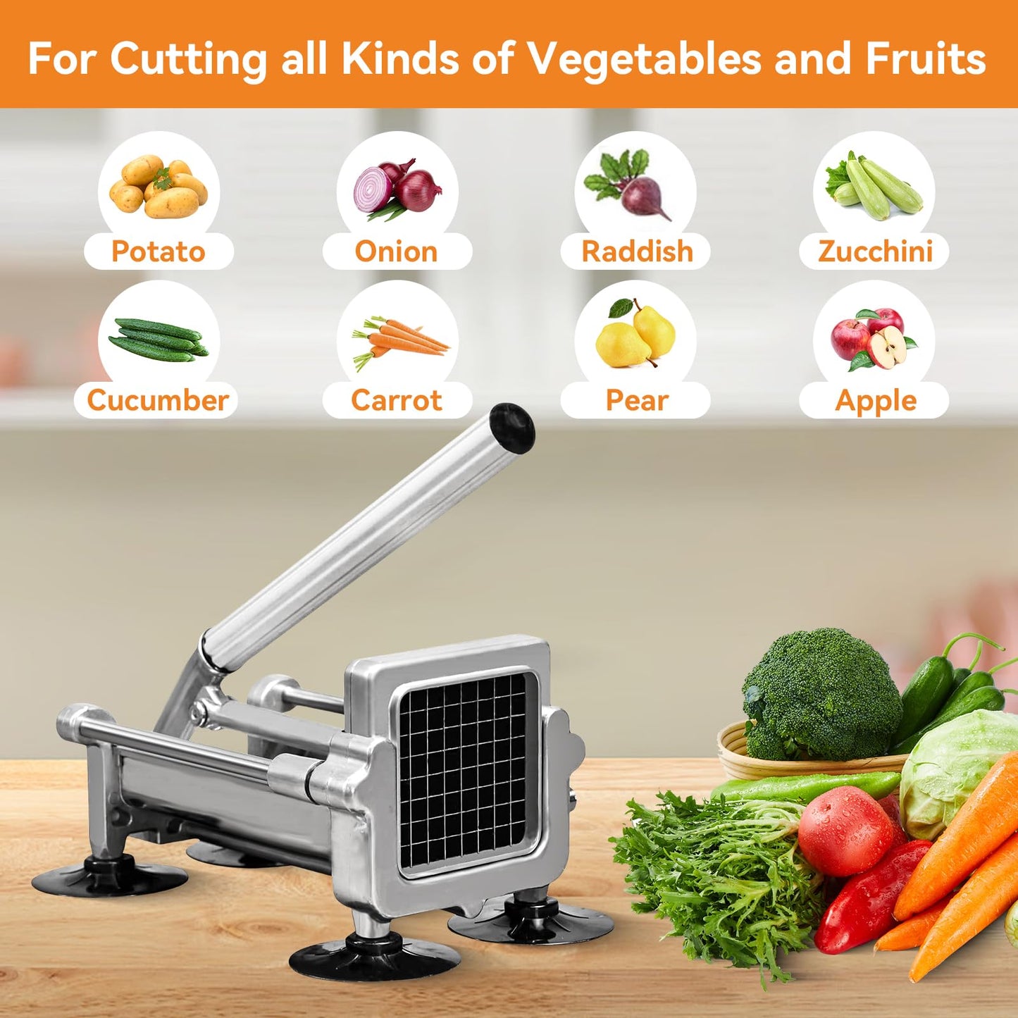 Commercial French Fry Cutter Heavy Duty Potato Slicer with 3/8&1/4&1/2 Inch Blade, Stainless Steel Potato Chopper French Fries Cutter with Suction Feet for Potato Carrot Yam Cucumbers