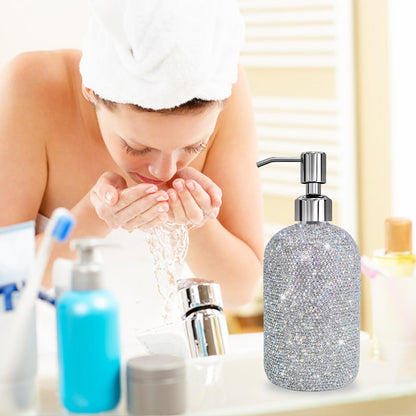 SlowVibes 18Oz Bling Glass Soap Dispenser with Rust Proof Stainless Steel Pump,Refillable Liquid Hand Wash Bottle for Bathroom Kitchen,Sparkle Decorative Shower Dispenser,Rhinestone Lotion Dispenser