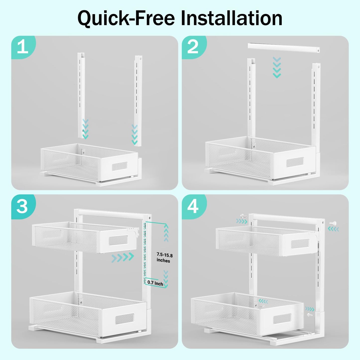 Petiza Under Sink Organizer Adjustable Height 2 Tier Bathroom Organizer Pull Out Cabinet Organer kitchen organizers and storage fridge organizers and storage,White,XL-1 Pack