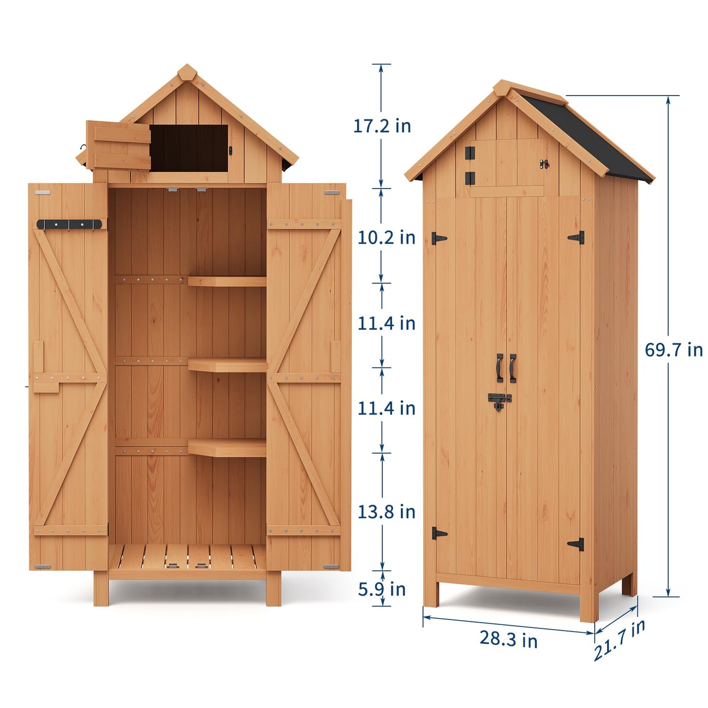 GarveeLife 70 in Outdoor Wooden Storage Shed Waterproof, Vertical Outdoor Storage Cabinet with 3 Shelves, Roof Storage & Lockable Door, Space-Saving Garden Tool Shed for Patio, Yard, Lawn