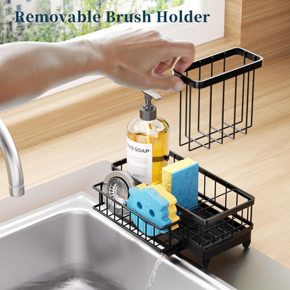 Consumest Sponge Holder for Kitchen Sink - Auto Draining Sink Caddy Organizer with Detachable Rack, High Brush Holder, Kitchen Countertop Storage Accessories, Black