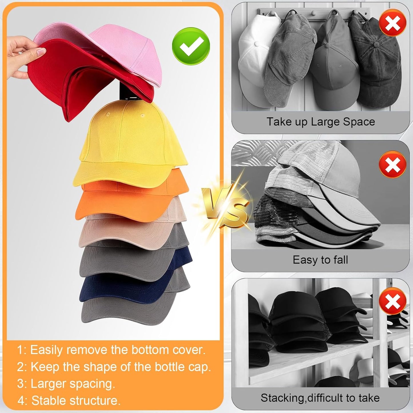 Skiennix Hat Organizer - 2 Pack Baseball Cap Rack with Strong Adhesive & Screw-In Holders | Ideal for Closet & Bedroom
