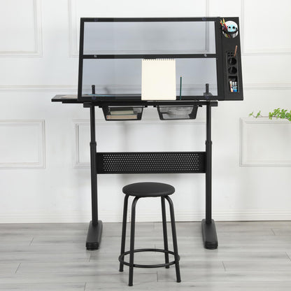 Hand Crank Adjustable Drafting Table Drawing Desk with 2 Metal Drawers (Black) with Stool