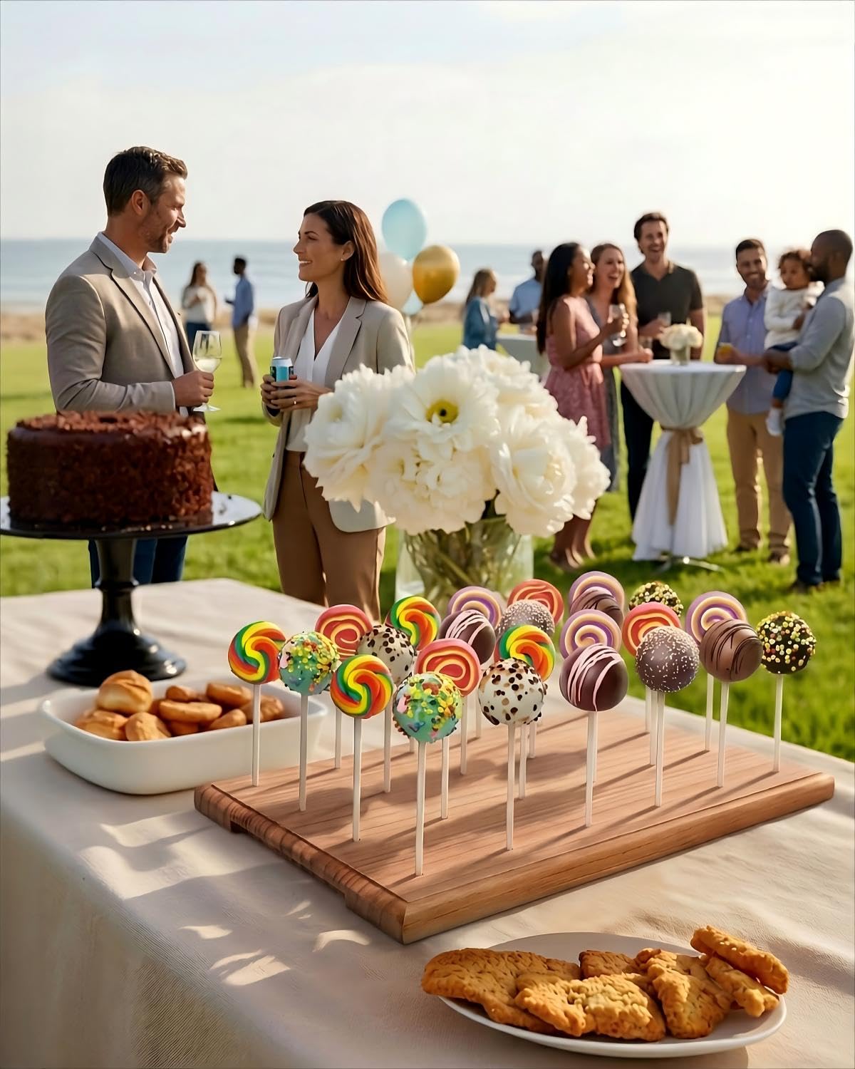 Wooden Cake Pop Stand for Drying, 24 Holes Cake Pop Display Stand with Sticks and Treat Bags, Wood Lollipop Holder for Party Anniversaries Holiday (Walnut, Stand+Sticks+Bags)