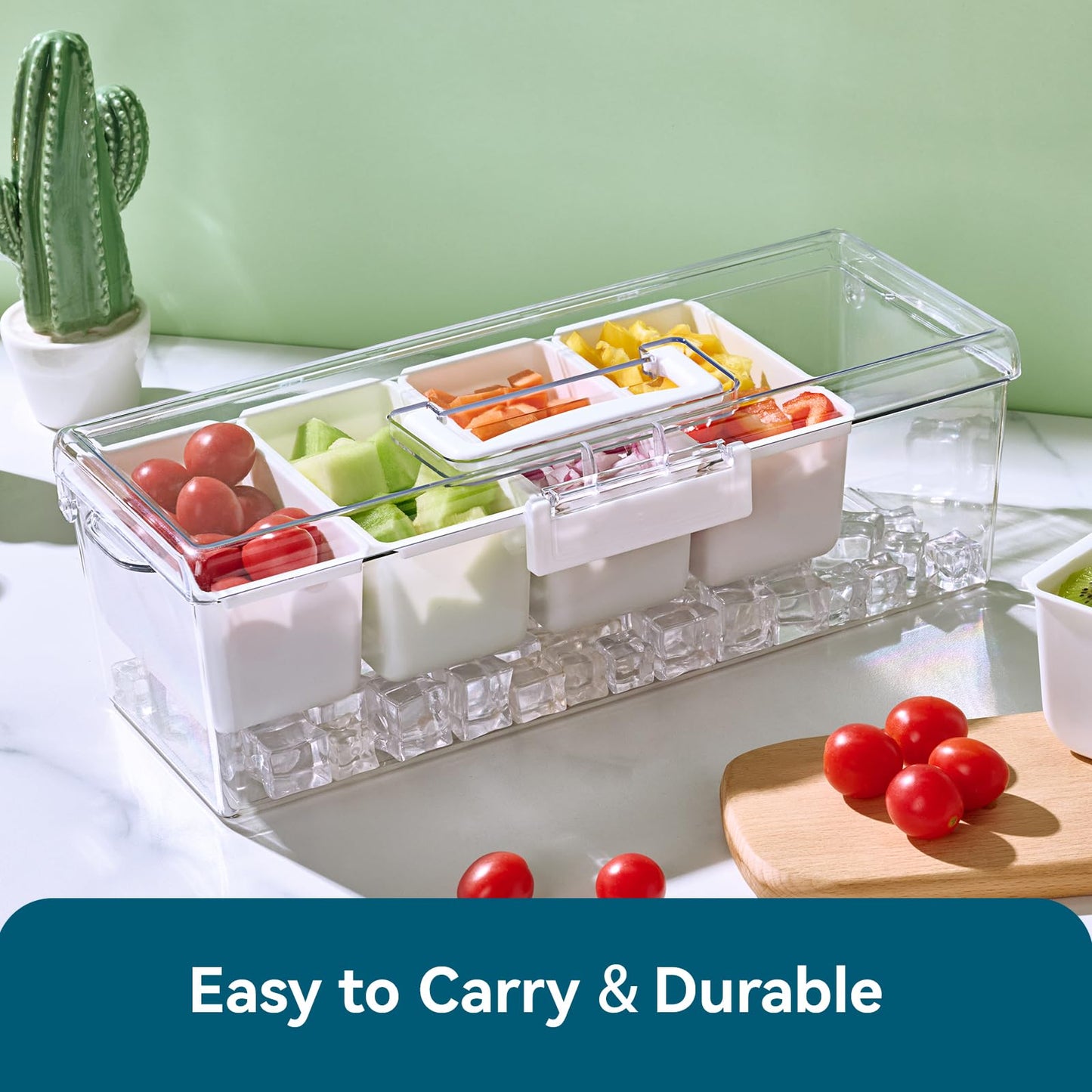 Luckore Chilled Condiment Caddy Server with 5 Removable Compartments Containers & Hidden Handle Design, Ice Chilled Condiment Tray Organizer, Clear Garnish Tray for Camping, Kitchen, Fruit, Salad