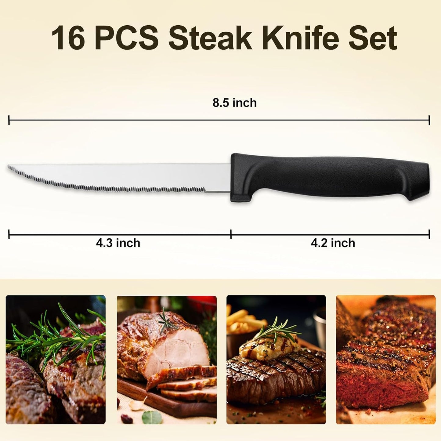 Pleafind 16-Pcs Steak Knives Set, 8.5 Inch Serrated Stainless Steel Knives, Elegant Black for Home, Kitchen, Restaurant