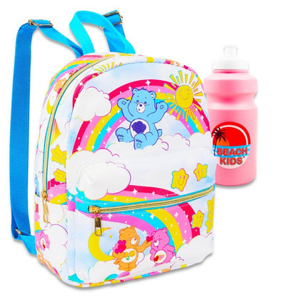Care Bears Mini Backpack for Girls - 10” Faux Leather Care Bears Backpack with Front Pocket Plus Bottle | Care Bears Backpack Bundle