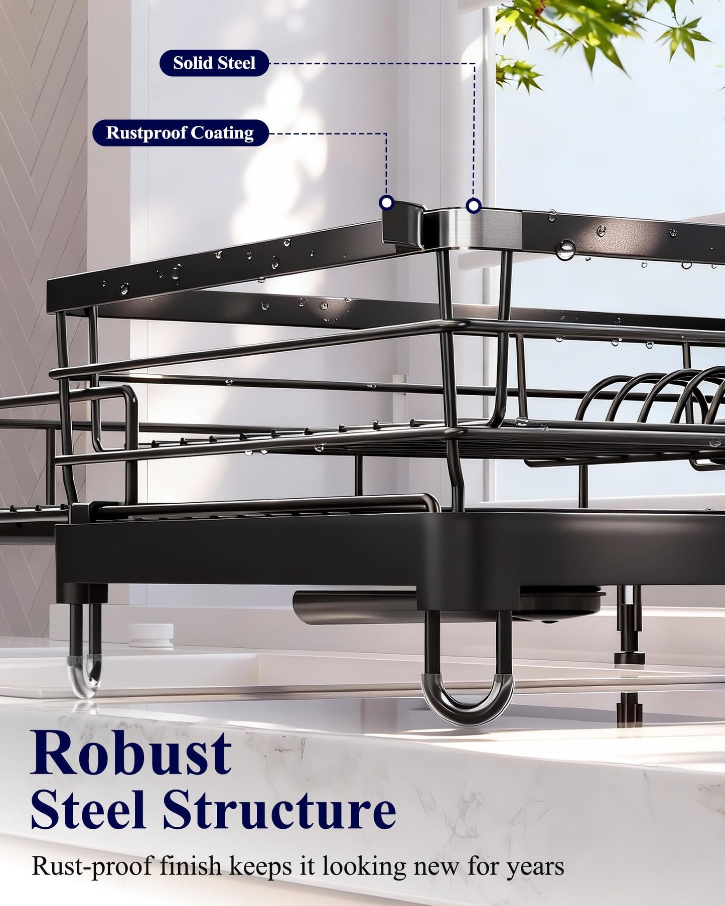 Kitsure Extendable Dish Drying Rack - Rust-Resistant Dish Racks for Kitchen Counter with Adjustable Support Legs, Cutlery Holder & Removable Draining Tray (Black, 15.6''-25.2''L × 16.9''W × 8.1''H)