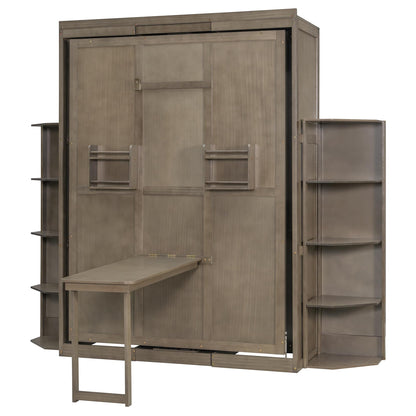 DNYN Rotating Queen Size Murphy Bed Frame with Foldable Desk and Hidden Wall Cabinet for Guest/Study Room, Space-Saving Foldable Wall Bed with Extra Storage Racks, No Box Spring Needed