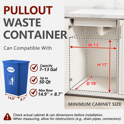 ANASTA Under Sink Trash Can Pull Out Trash Hidden for 30-50 Qt 7-13 Gallon Garbage Can Under 13" Wx19 Dx17 H Cabinet, Black Pull Out Kit with Full Extension Slide for Kitchen and Bathroom, No Bin