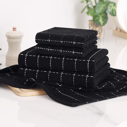 Homaxy Kitchen Towels and Dishcloths Set, 12 x 12 and 13 x 28 Inches, Set of 8 Bulk Cotton Terry Kitchen Towels Set, Checkered Designed, Soft and Super Absorbent Dish Towels, Black