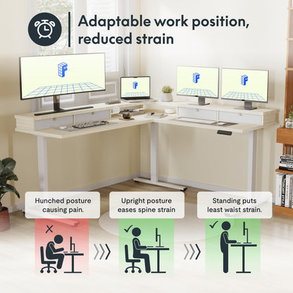 FLEXISPOT 63" L Shaped Standing Desk with Shelf Electric Corner Table, Drawers, Adjustable Computer Workstation for Home, Office, 63x55in, Light Maple Top + White Frame