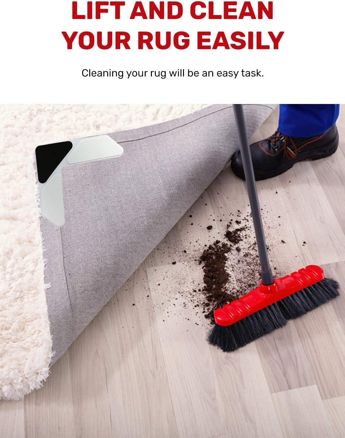 NeverCurl 8PK Rug Corner Grippers - Prevent Curling and Slipping, Easy Lift Design