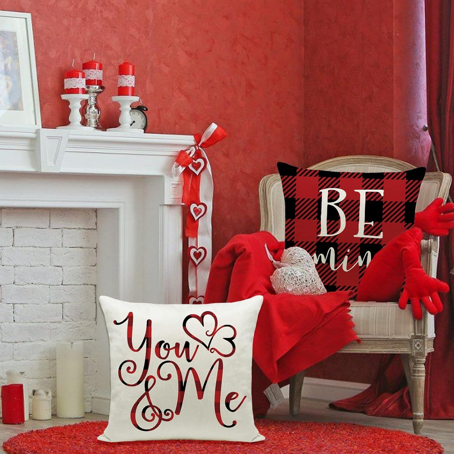 Ueerdand Set of 4 Valentines Day Pillow Covers, 20x20 inch Red Black Buffalo Check Decorative Cushion Cases