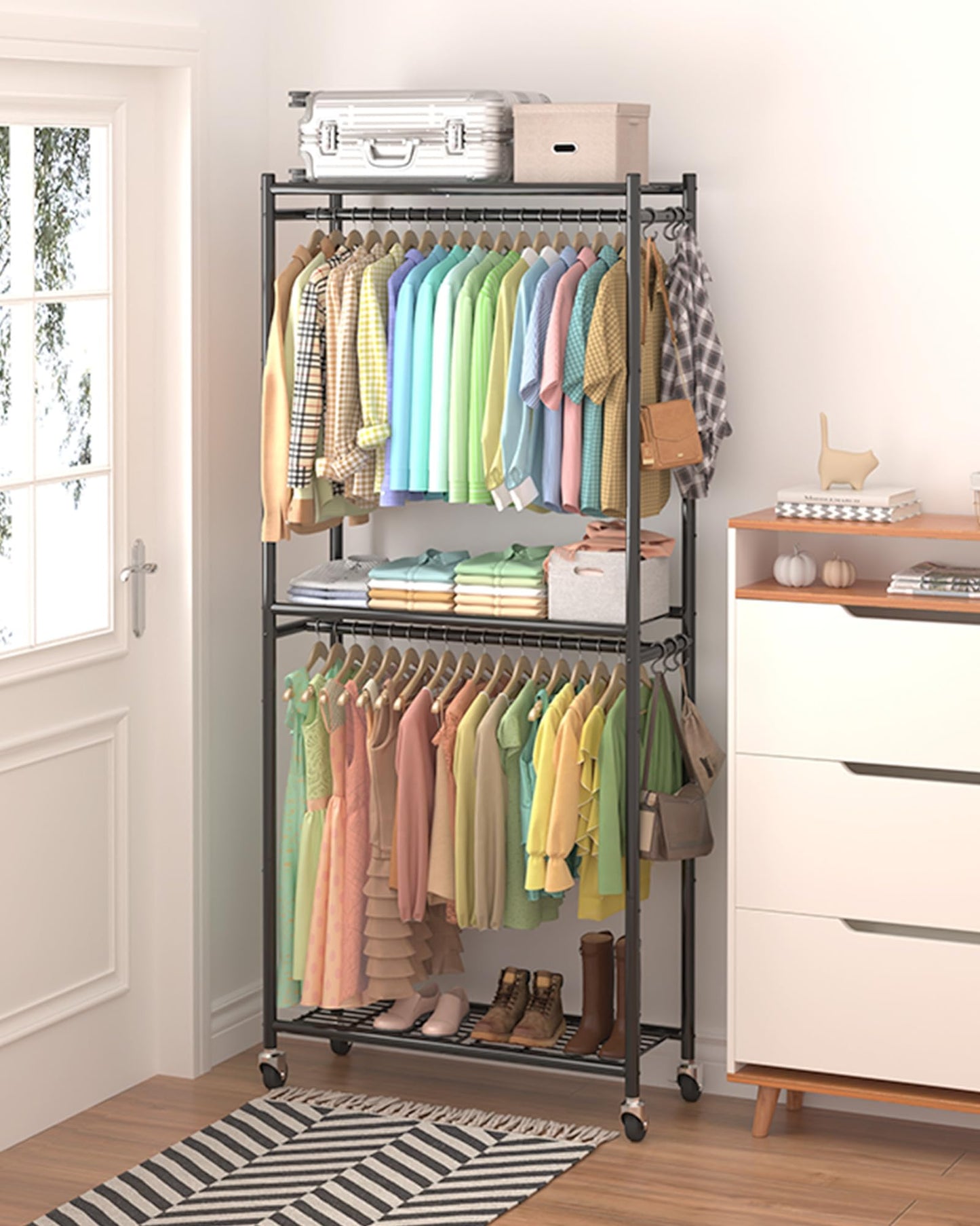 Sakugi Clothes Rack - 33.0" x 12.2" x 79.5" Clothing Rack with Shelves & Wheels, Multi-Functional Wardrobe Closet with Hooks, Sturdy Metal Garment Rack for Bedroom, Laundry, Balcony (Black)