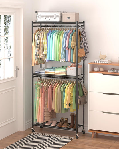Sakugi Clothes Rack - 33.0" x 12.2" x 79.5" Clothing Rack with Shelves & Wheels, Multi-Functional Wardrobe Closet with Hooks, Sturdy Metal Garment Rack for Bedroom, Laundry, Balcony (Black)