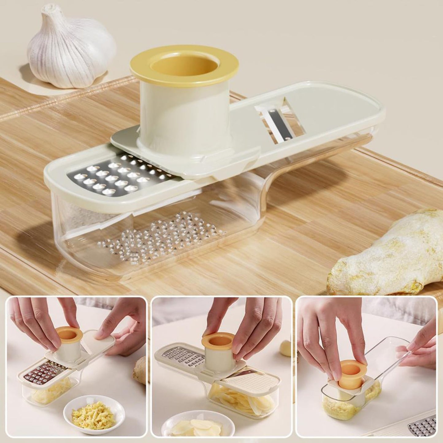 Bothyi Ginger Garlic Grater Ginger Garlic Grinding Cooking With Container Multi Purpose Slicer Easy Grip Manual Kitchen Tool for Baking, Beige White