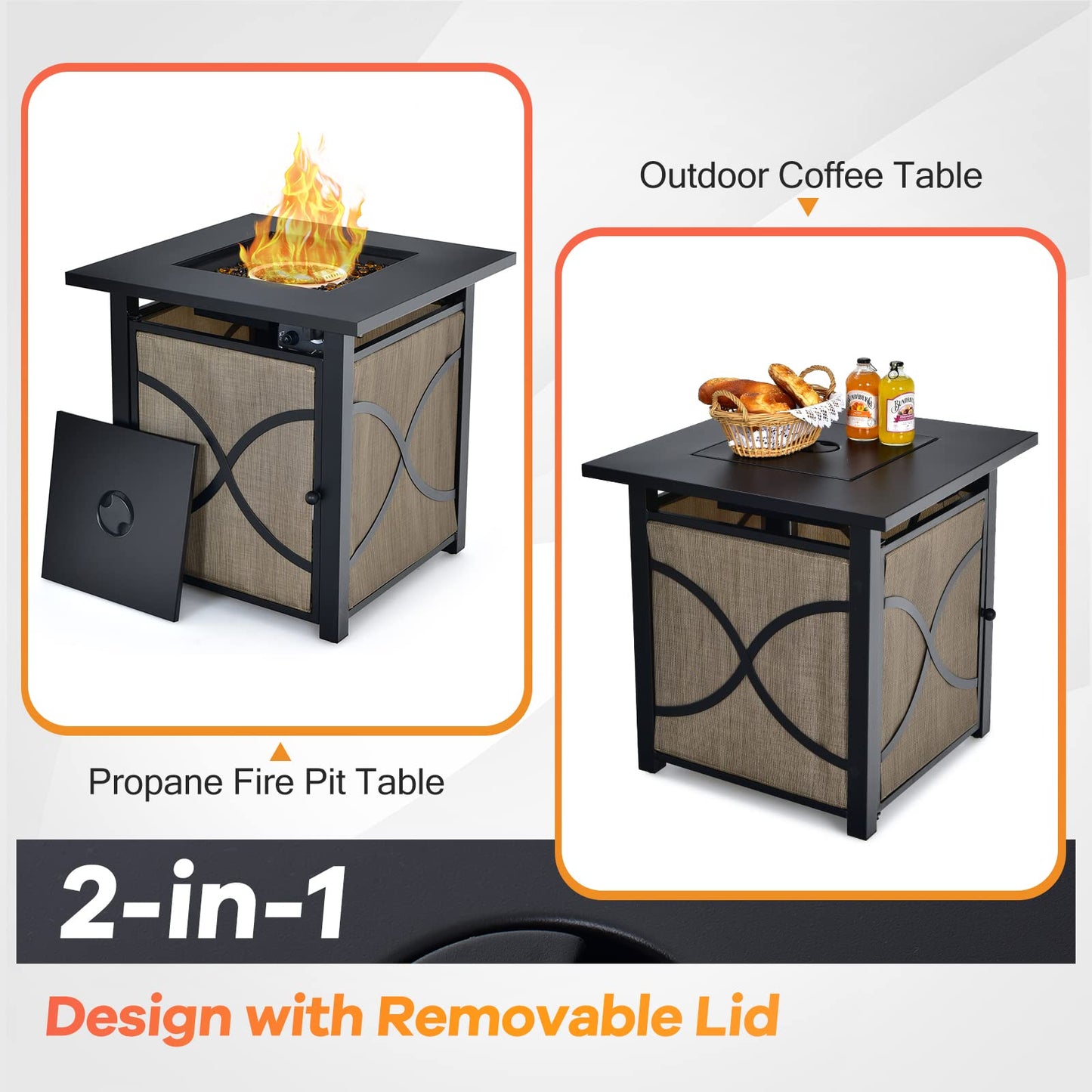 COOURIGHT Propane Fire Pit Table, 25" 40000 BTU Wicker-Look Square Fire Pits w/Lid, Fire Glass, Auto Ignition, Adjustable Flame, CSA Approved, Outdoor Steel Fire Table for Patio, Garden, Backyard