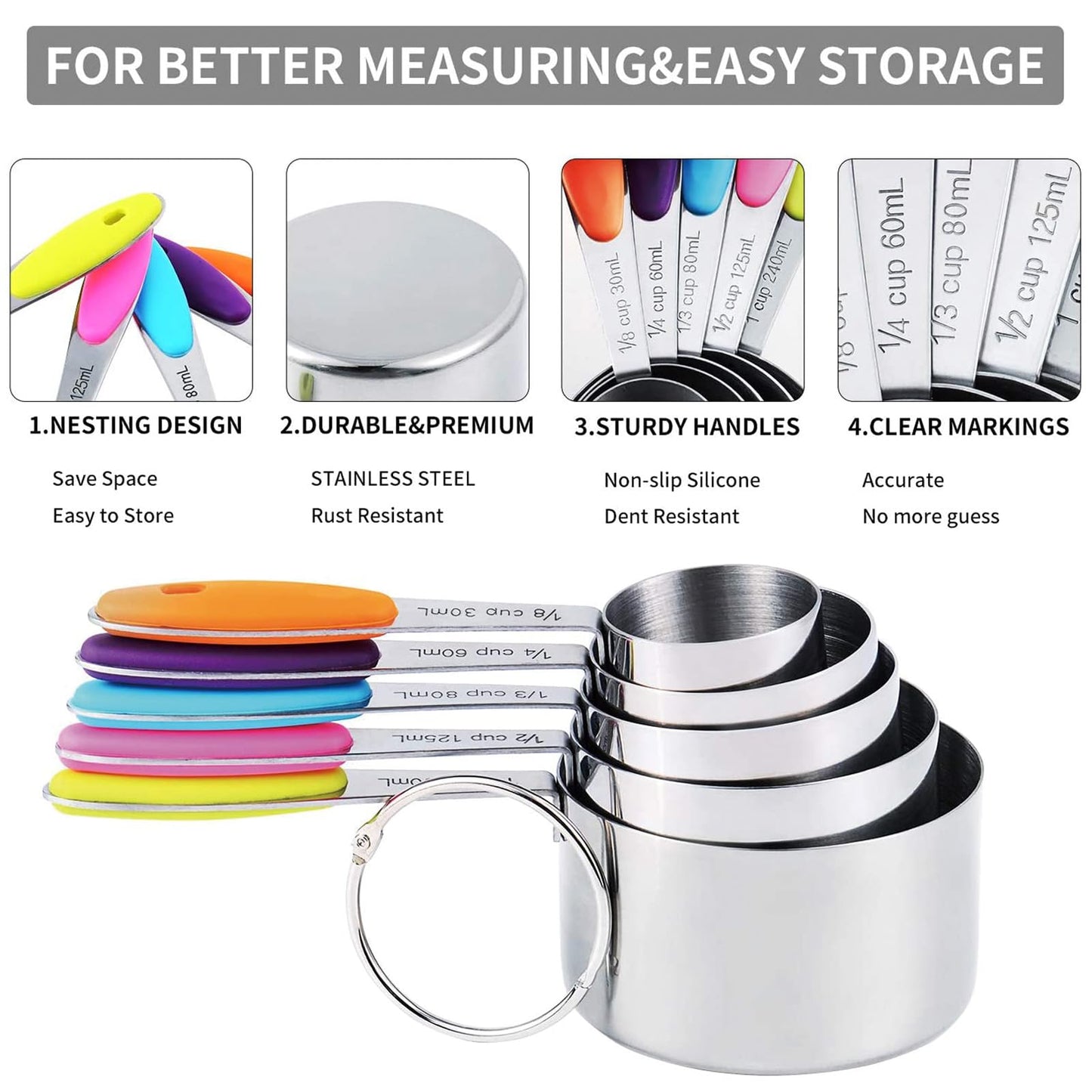 TILUCK measuring cups and magnetic measuring spoons set, stainless steel measuring cups, 6 double-sided stainless steel measuring spoons & 1 leveler (12)