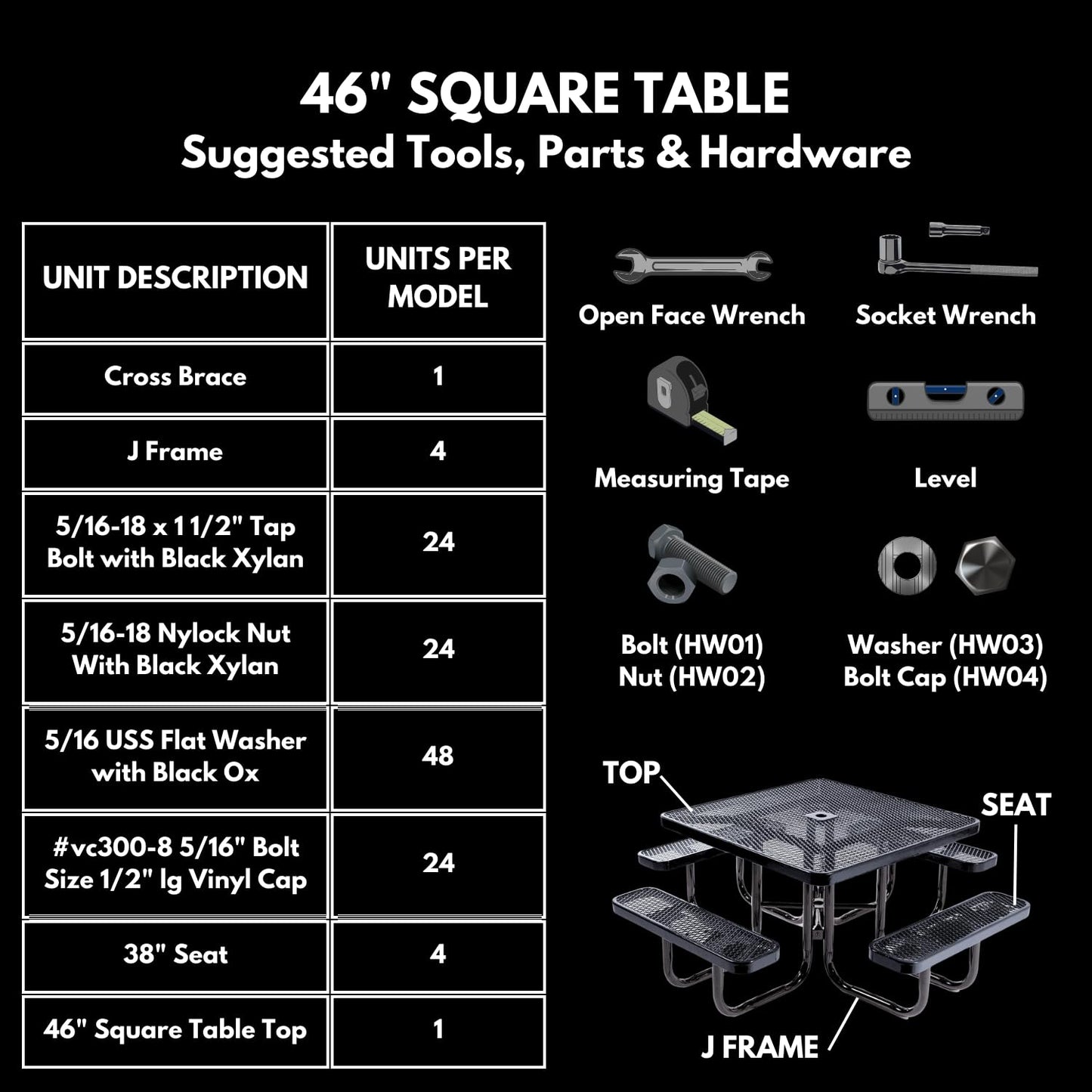 COATEDOUTDOORFURNITURE Heavy-Duty Portable Outdoor Picnic Table with Umbrella Hole, Expanded Metal Commercial-Grade Patio Dining Furniture Made in America (46" Square Top, Textured Black)