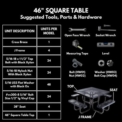 COATEDOUTDOORFURNITURE Heavy-Duty Portable Outdoor Picnic Table with Umbrella Hole, Expanded Metal Commercial-Grade Patio Dining Furniture Made in America (46" Square Top, Textured Black)