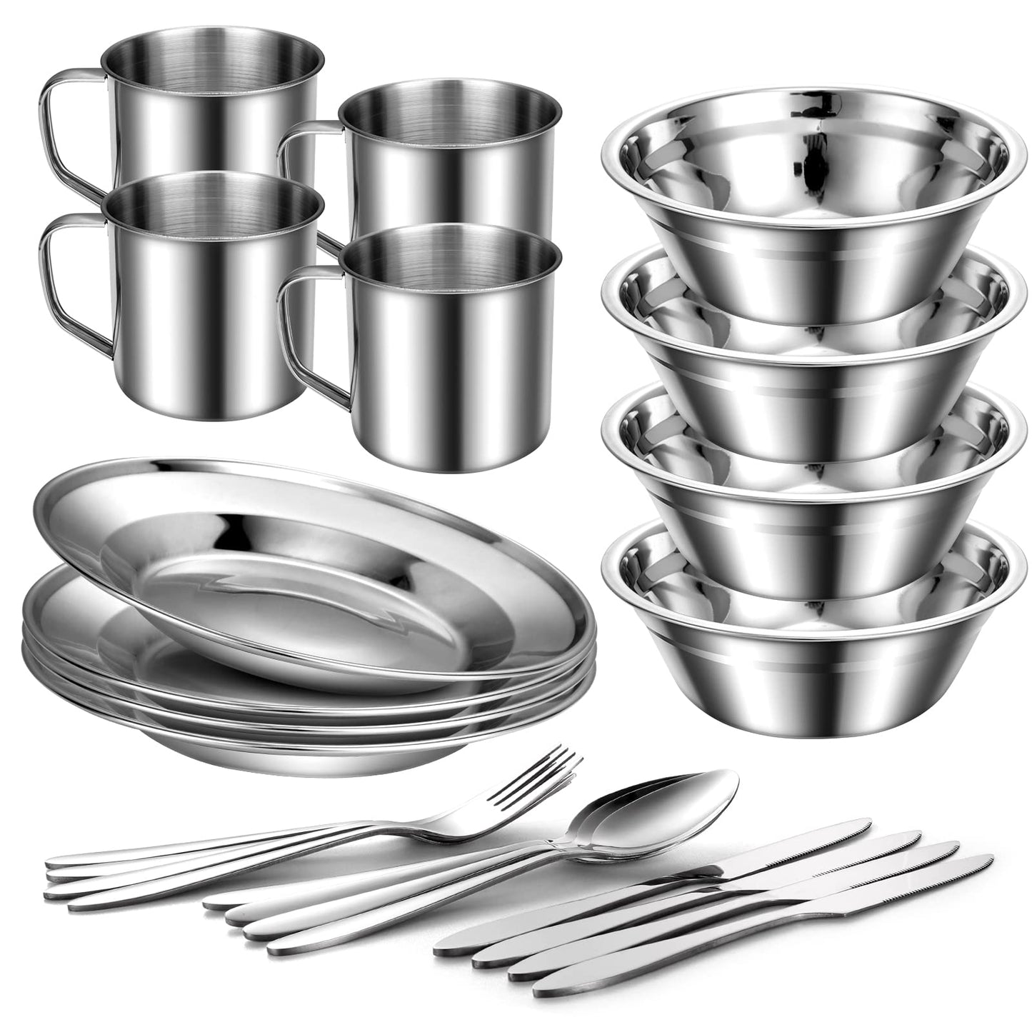 Odoland 29pcs Stainless Steel Utensils Camping Mess Kits with Bowls Plates Cups Forks Spoons and Knives for 4, Camping Cutlery Set for Backpacking, Outdoor Hiking and Picnic