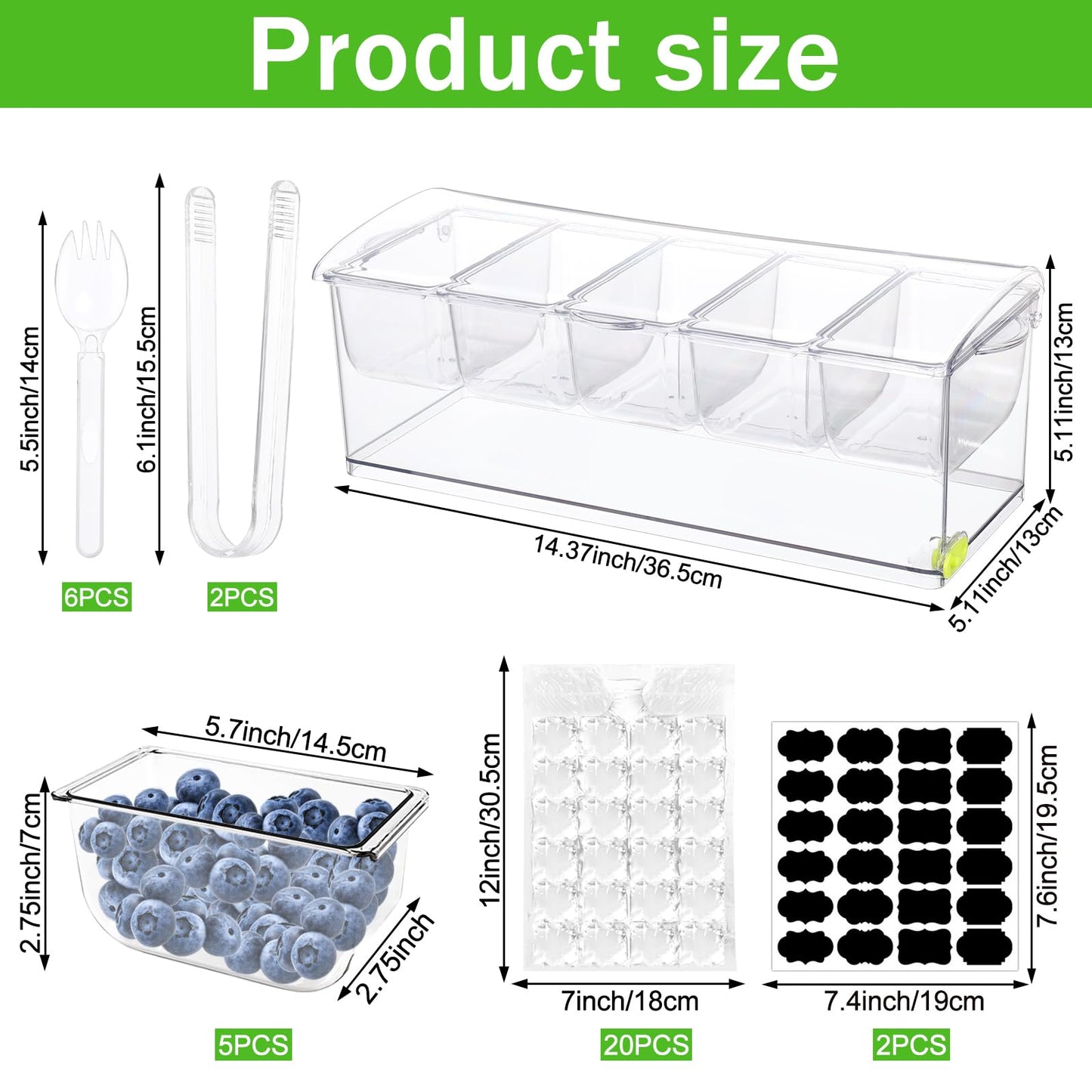 Hlimior 36 pcs Ice Chilled Condiment Server Caddy Bar Fruit Caddy with Lid, 5 Removable Compartments Plastic Storage Food Container Clear Ice Condiment Serving Tray for Party, Toppings Bar Container