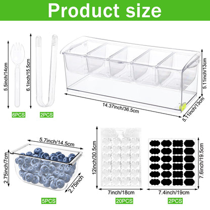 Hlimior 36 pcs Ice Chilled Condiment Server Caddy Bar Fruit Caddy with Lid, 5 Removable Compartments Plastic Storage Food Container Clear Ice Condiment Serving Tray for Party, Toppings Bar Container
