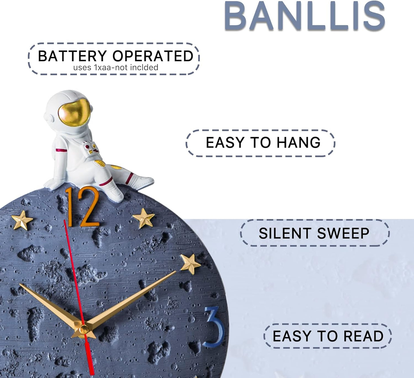 12 Inch Space Theme Wall Clock, Astronaut Moon Wall Clock, Grey Modern Silent Clock for Kids Room Nursery Living Room