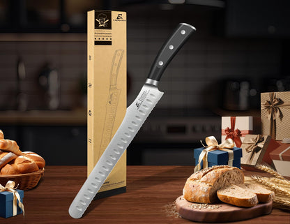 CoquusAid Bread Knife for Homemade Bread, 10.6 Inch Multifunction Serrated Knife, Razor Sharp Slicer, High Carbon German Steel Bread Cutter, Ergonomic Handle Design for Sourdough Turkey Fruit Cutting