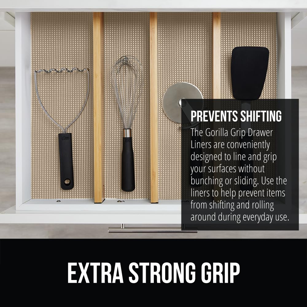GORILLA GRIP powerGRIP Drawer Shelf and Cabinet Liner, Thick Strong Hold, Non-Adhesive Liners Protect Kitchen Cabinets and Cupboard, Bathroom Drawers, Easy Install, Breathable Mat, 12" x10', Beige
