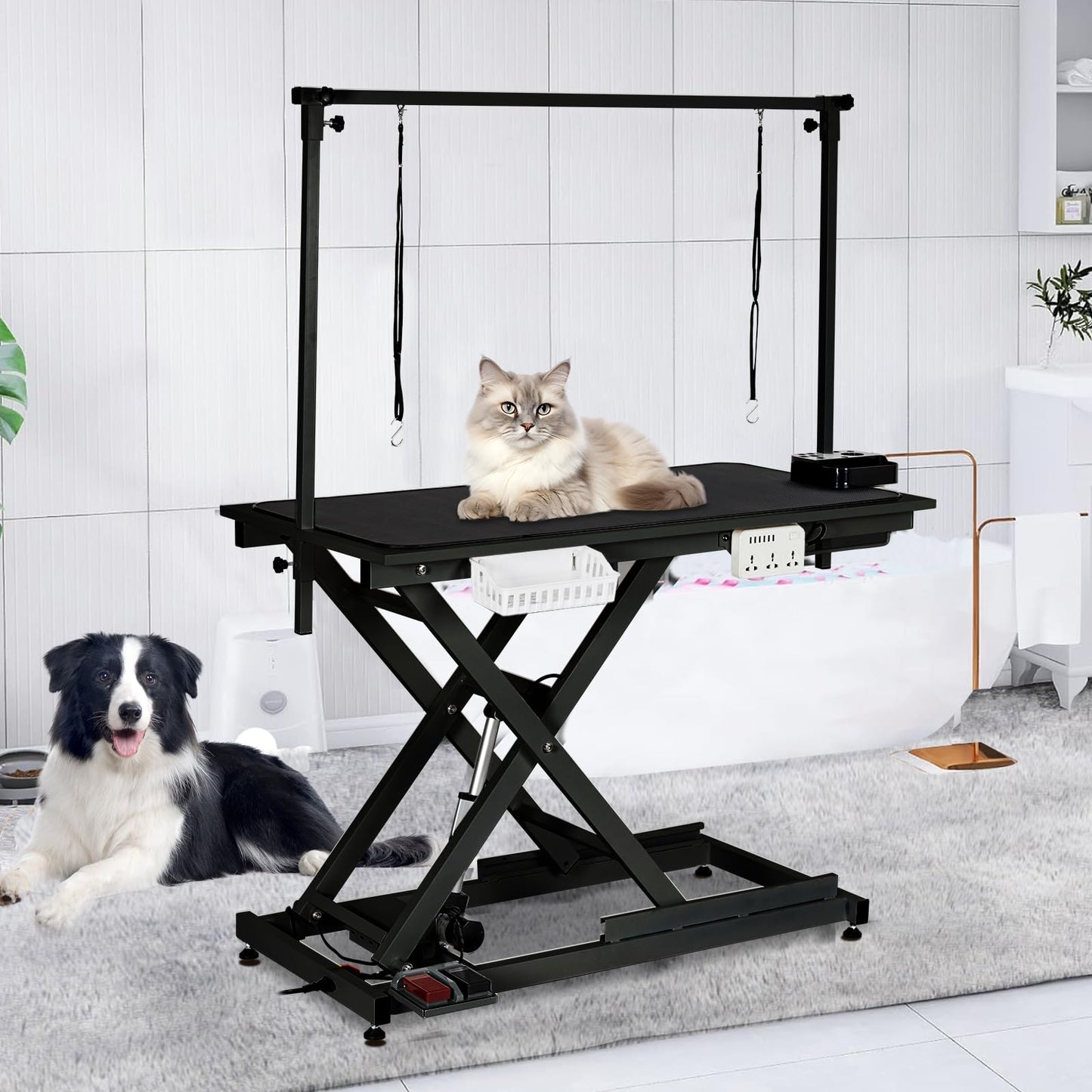 PeacefulHues 50" Electric Hydraulic Dog Grooming Table, Heavy Duty Grooming Table with Aluminium Overhead Arm, Anti Slip Tabletop, 6 USB Ports for Home and Salon, Maximum Capacity Up to 300Lb, Black