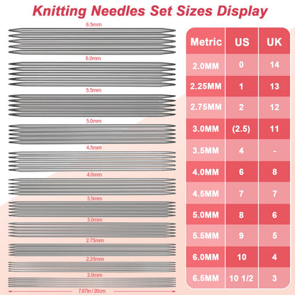 Coopay 55pcs Double Pointed Knitting Needles Set, 2.0mm-6.5mm, Sock Knitting Needles, 20cm Metal DPN Shorties Knitting Needle for Socks Gloves Hats, Double Pointed Needles with Knitting Needle Gauge