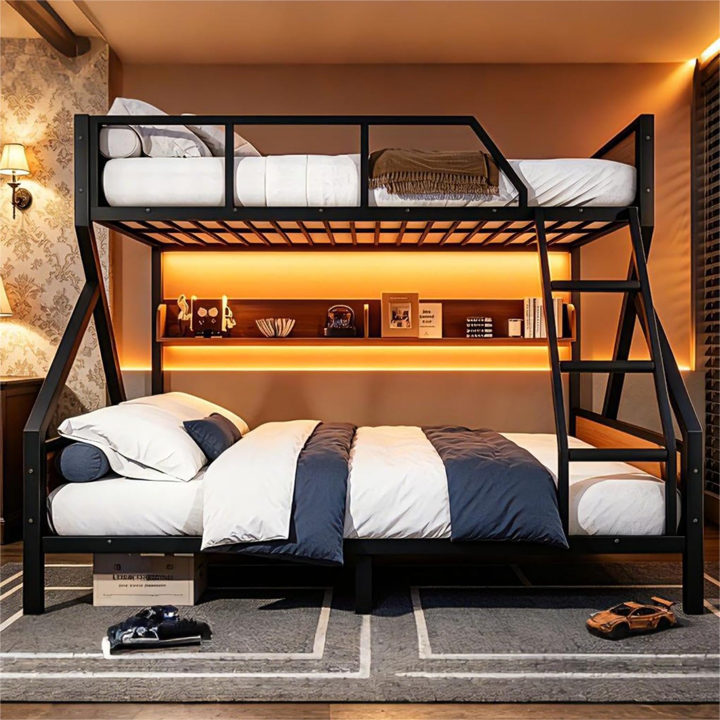 Bellemave Queen Over King Bunk Bed with Storage Shelf & LED Lights, Heavy Duty Metal Bunk Bed Frame with Guardrails & Ladder, No Box Spring Needed, Black