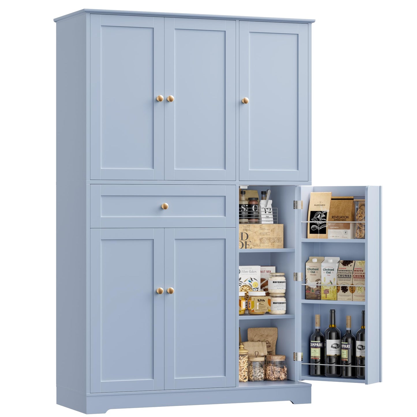 HOSTACK 68" Tall Kitchen Pantry Storage Cabinet, Modern Kitchen Hutch Cabinet with Doors and Shelves, Freestanding Food Pantry with Large Storage Drawer for Dining Room, Living Room, Light Blue
