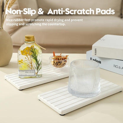 Razborci 2PCS Water Absorbing Stone Drying Tray Mat For Bathroom Sink & Kitchen Counter Faucet Organizer Decor, Quick Dry Dish Soap Dispenser Sponge Holder, Vanity Sink Caddy Bar Coaster,White-8"*3.8"