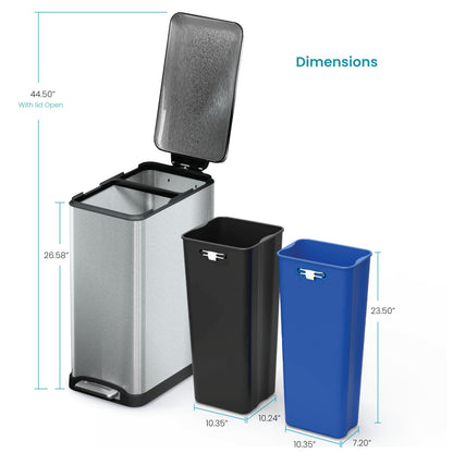 Home Zone Living 13 Gallon Slim Kitchen Trash Can with Dual Compartments for Trash and Recycling, Soft Close Lid, Step Pedal, Stainless Steel, Silver