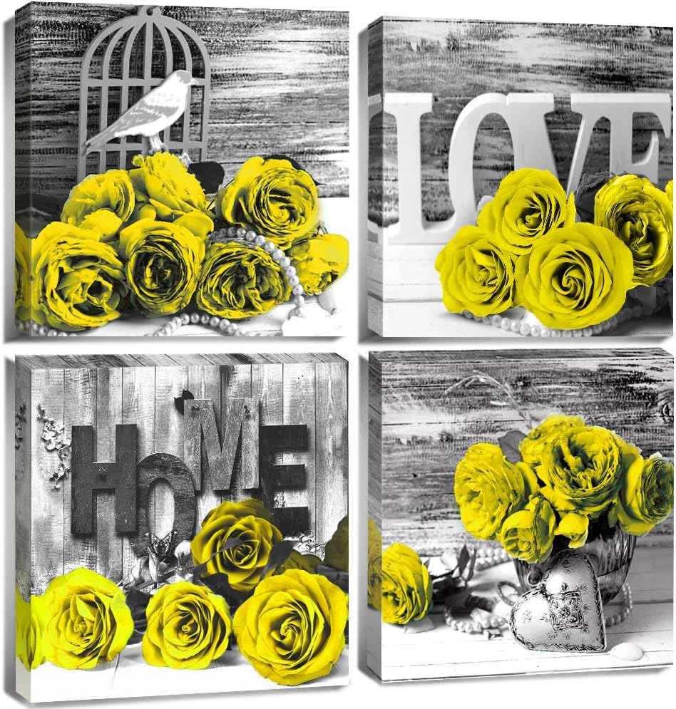 Yellow Rose Wall Pictures for Bedroom: Yellow and Grey Floral Posters, 12x12" 4Pcs, Romantic Flower Canvas Prints