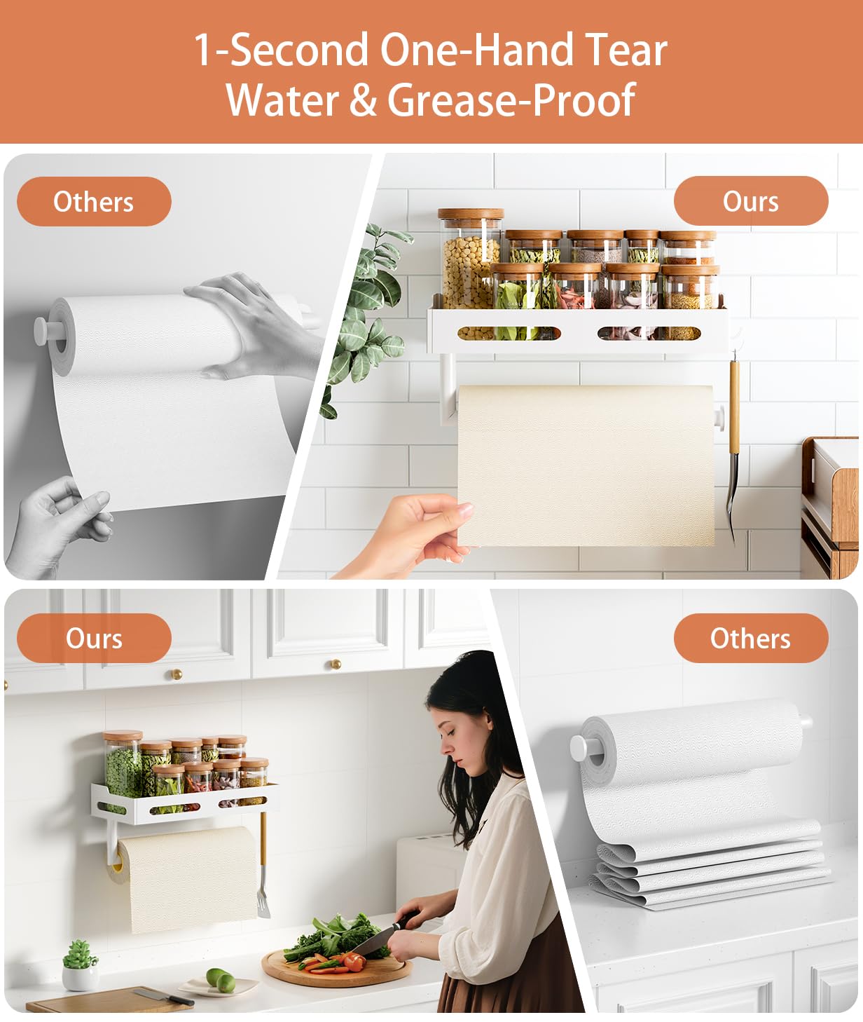 Paper Towel Holder Wall Mount with Shelf, Easy One Hand Tear, Adhesive Glue or Drill Mount Hanging Paper Towel Holder with Shelf for Kitchen/Bathroom/RV, White Metal, 4 Hooks