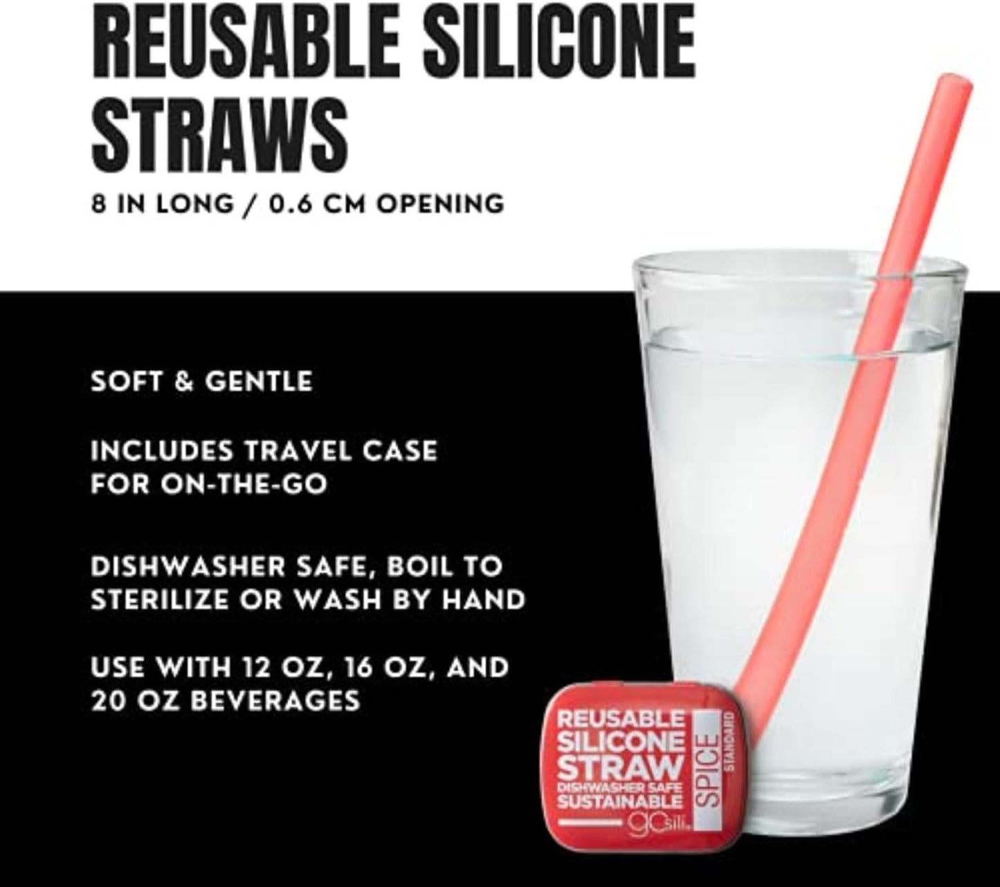 GoSili 4 Pack Reusable Silicone Straws with Case, Flexible, Collapsible, Dishwasher Safe, No-brush Needed