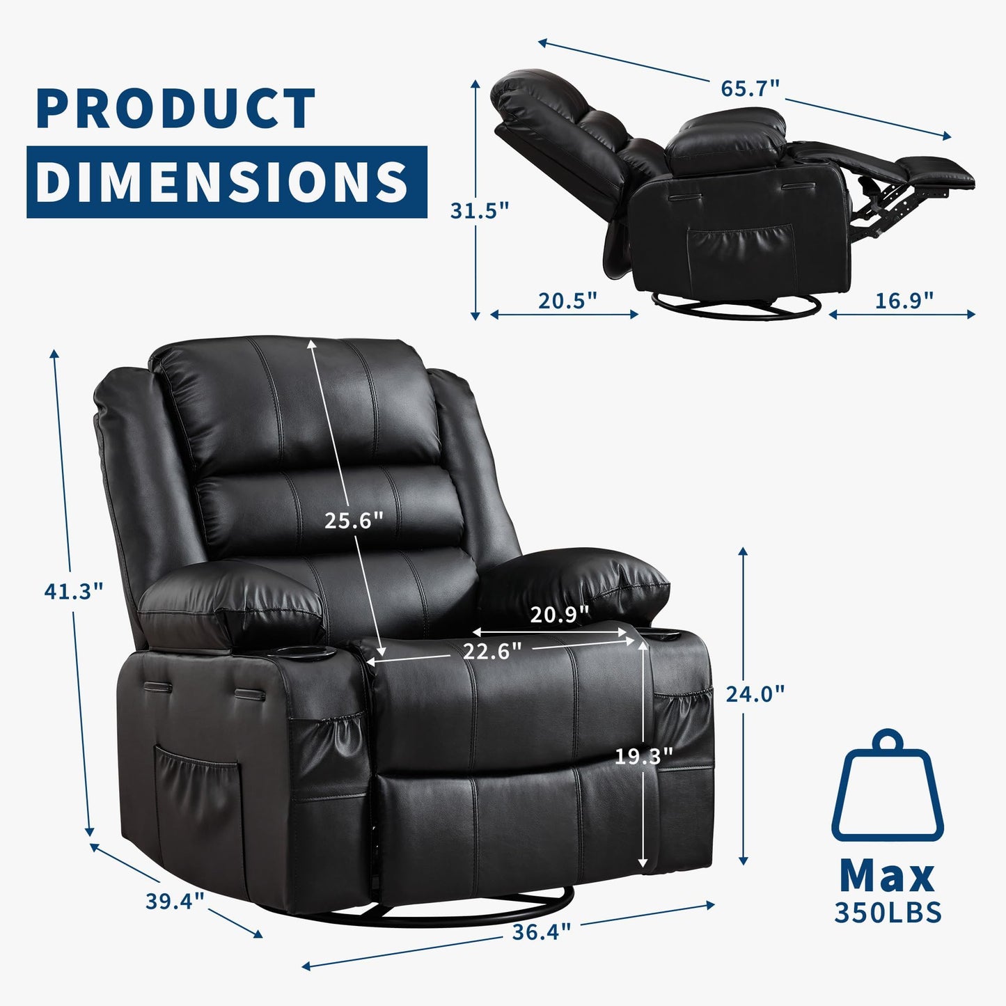 Rocking Recliner Chair for Adults PU Leather Wide Upholstered Glider Recliner with Cup Holder Deep Seat Single Sofa Rocker Chair for Nursery Living Room