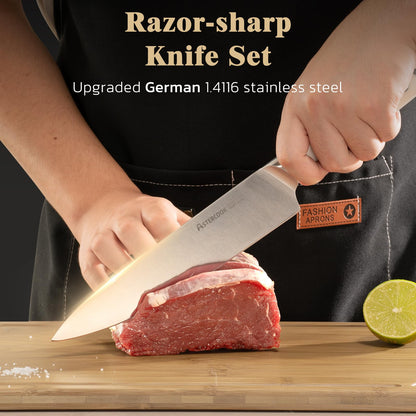 Astercook Knife Set Kitchen with Block and Sharpener Premium Full Tang 17 Pcs German Stainless Steel Knives Dishwasher Safe Kitchen Utensils Set with with and Anti-slip Ergonomic Handle, Cream White