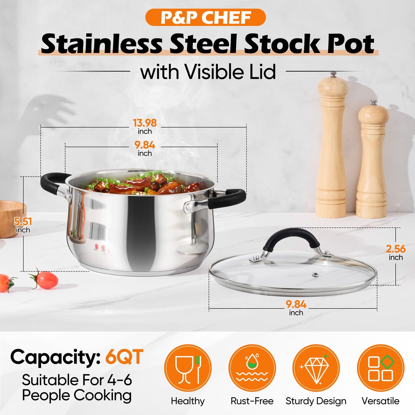 P&P CHEF Stainless Steel Stock Pot, 6 Qt Cooking Soup Pot with Visible Lid for Pasta, Tri-Ply Bottom & Dual Heatproof Handles, For Induction Gas All Stoves, Non-Toxic & Dishwasher Safe