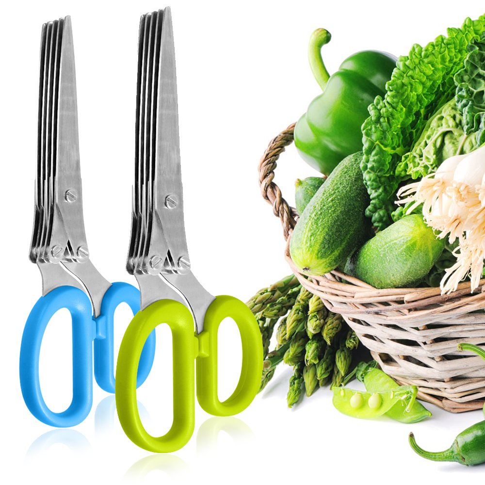 SourceTon 5-Blade Herb Scissors 2 Pack - Heavy Duty Kitchen Shears with Cleaning Brush, Multipurpose Stainless Steel Scissors for Cooking, Crafting, Gift (Ergonomic Left/Right Hand Design)