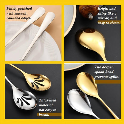 Extra Large Serving Spoons Set, 9.9 Inch Serving Spoon and Slotted Spoon, Stainless Steel Large Serving Utensils for Buffet, Parties, Catering & Kitchen (Golden)